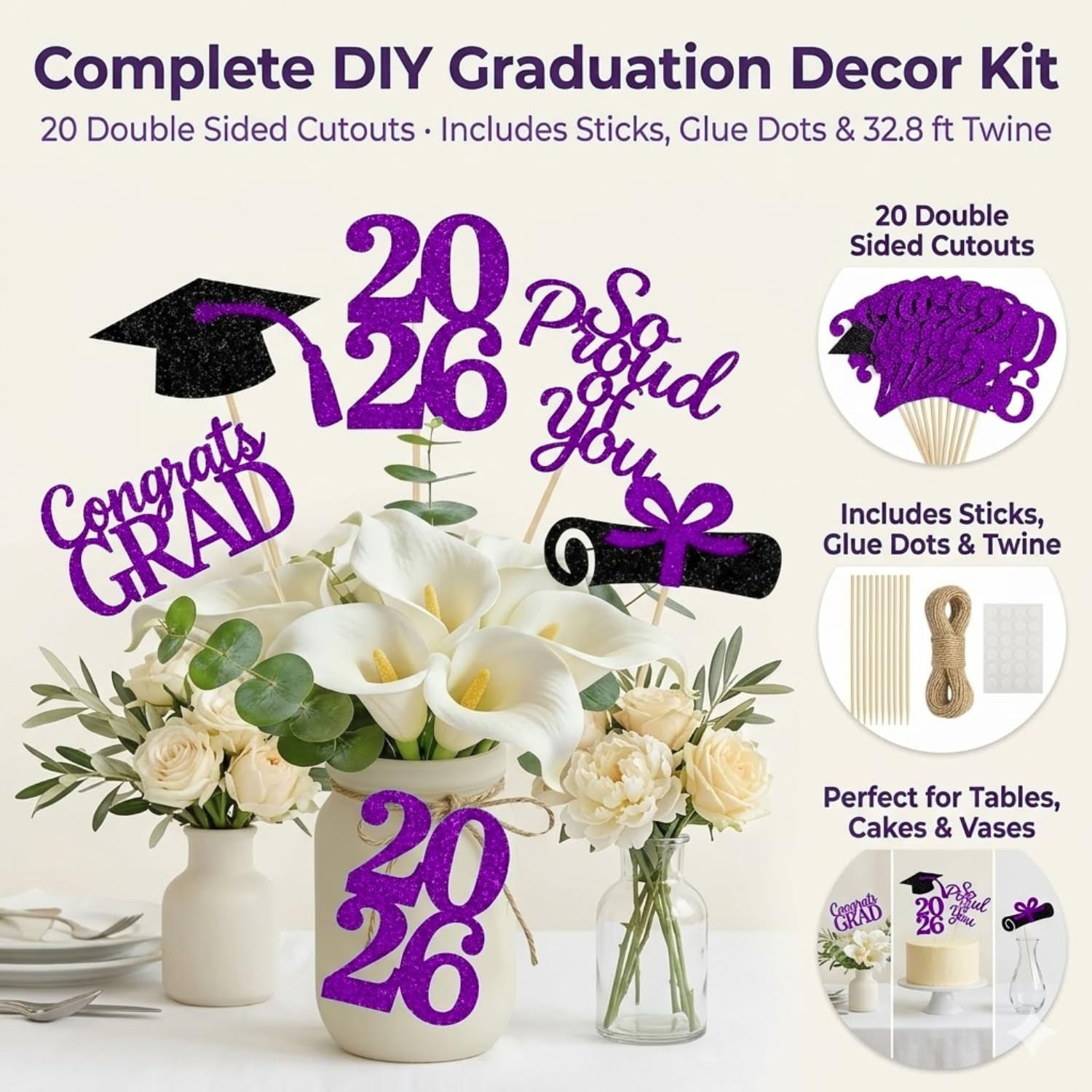 20-Pack Double Sided Graduation Centerpiece Sticks & Twine – Class of 2026 Decor