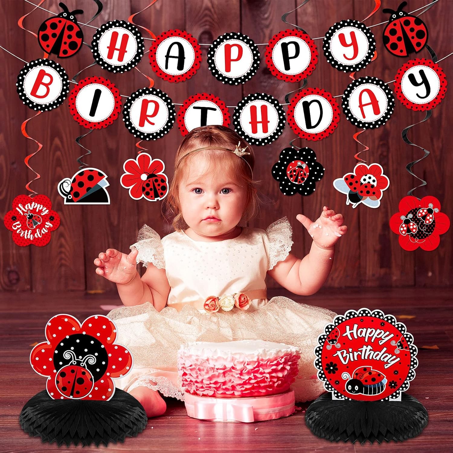 Ladybug Fancy Party Decoration Kit – Cute Birthday Banner, Honeycomb Red