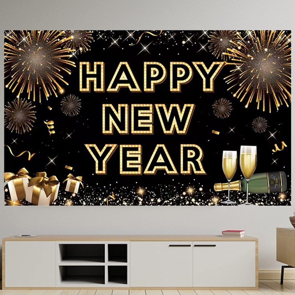 Happy New Year Banner for 2026 Party Decoration, Blackgold New Year Eve Banner