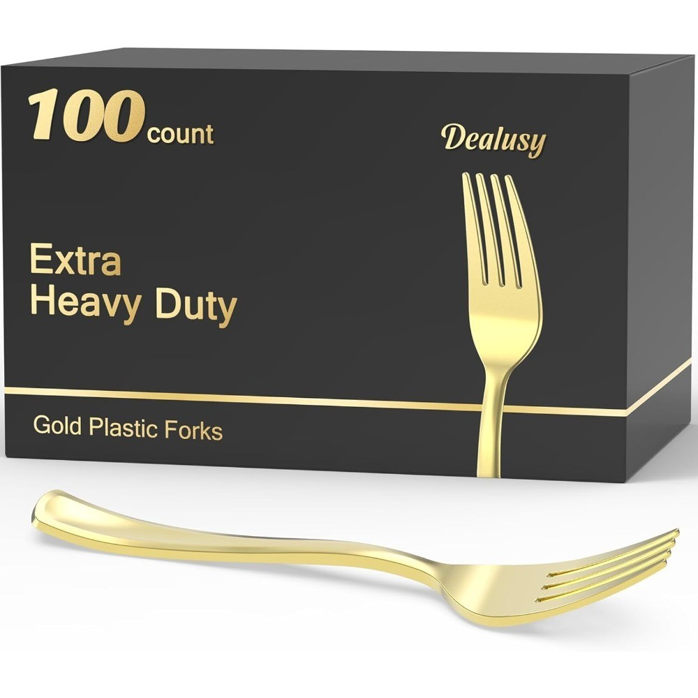 100 Count Heavy Duty Gold Plastic Forks Disposable, , Heat Resistant,