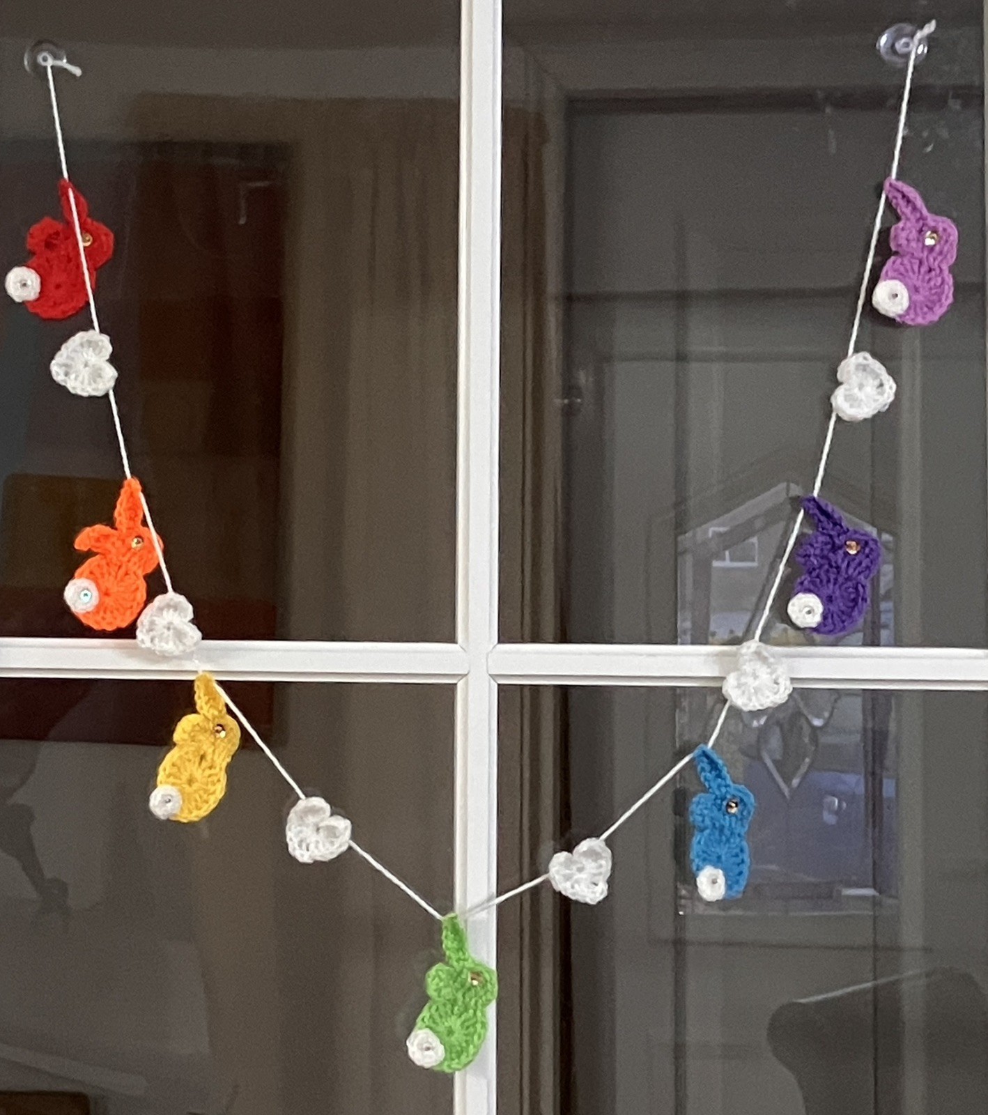 🐰🌈❤️ NEW Rainbow Easter bunny Rabbit heart Hand Crochet bunting window Gift