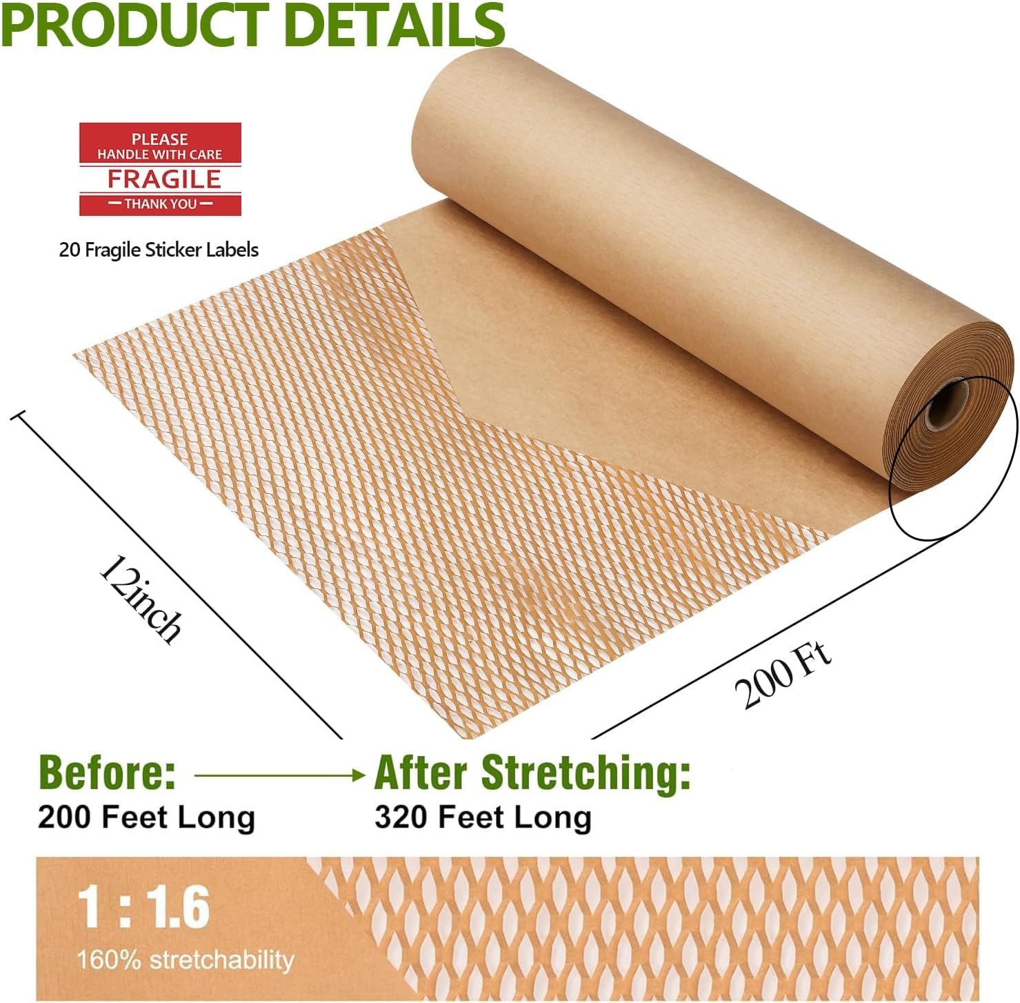 Honeycomb Packing Paper,12″ W x 200′ L Bubble 12 Inch x 200 Feet, Brown