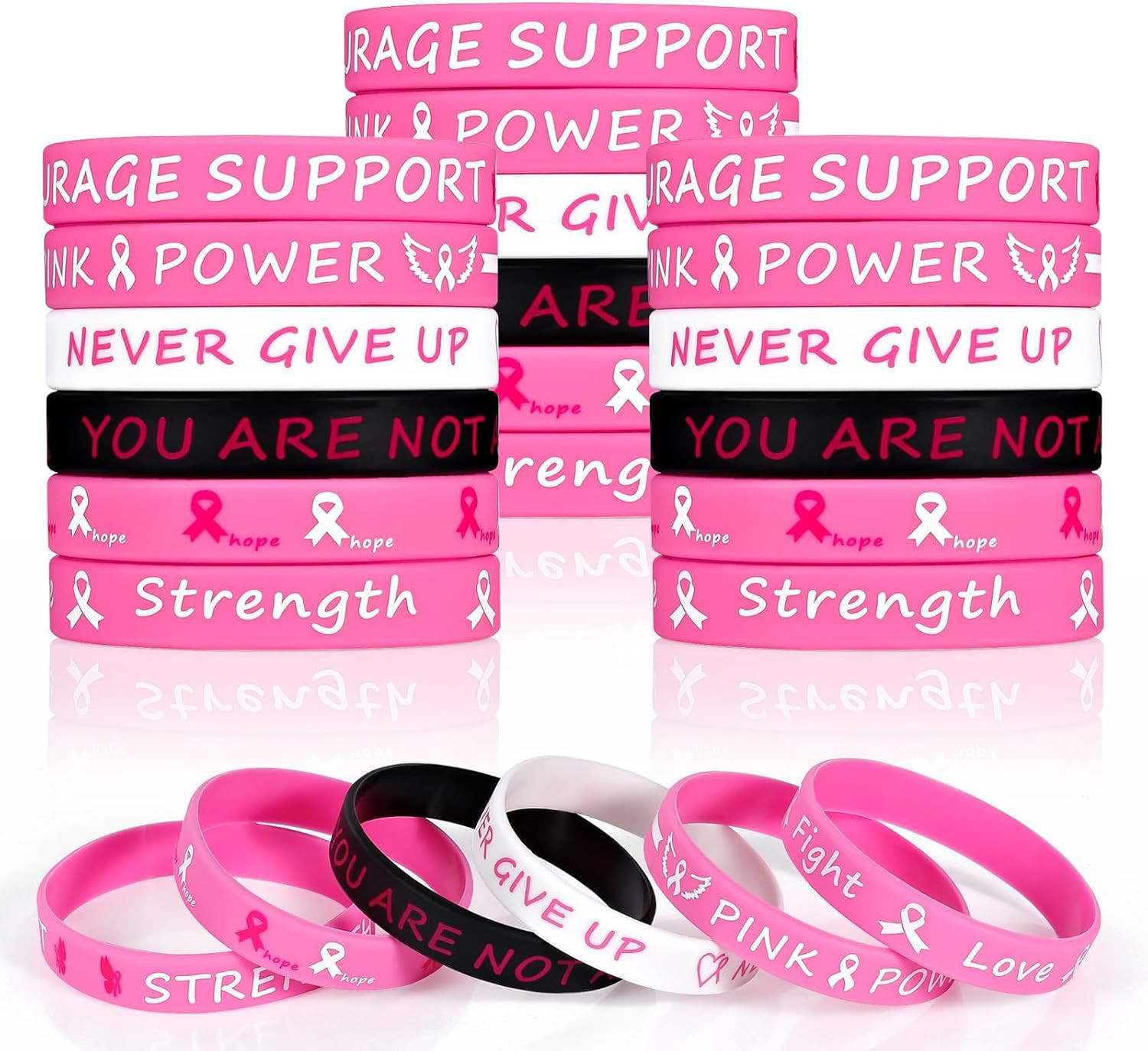 30PCS Pink Ribbon Awareness Silicone Wristbands Rubber Bracelets Party Favors