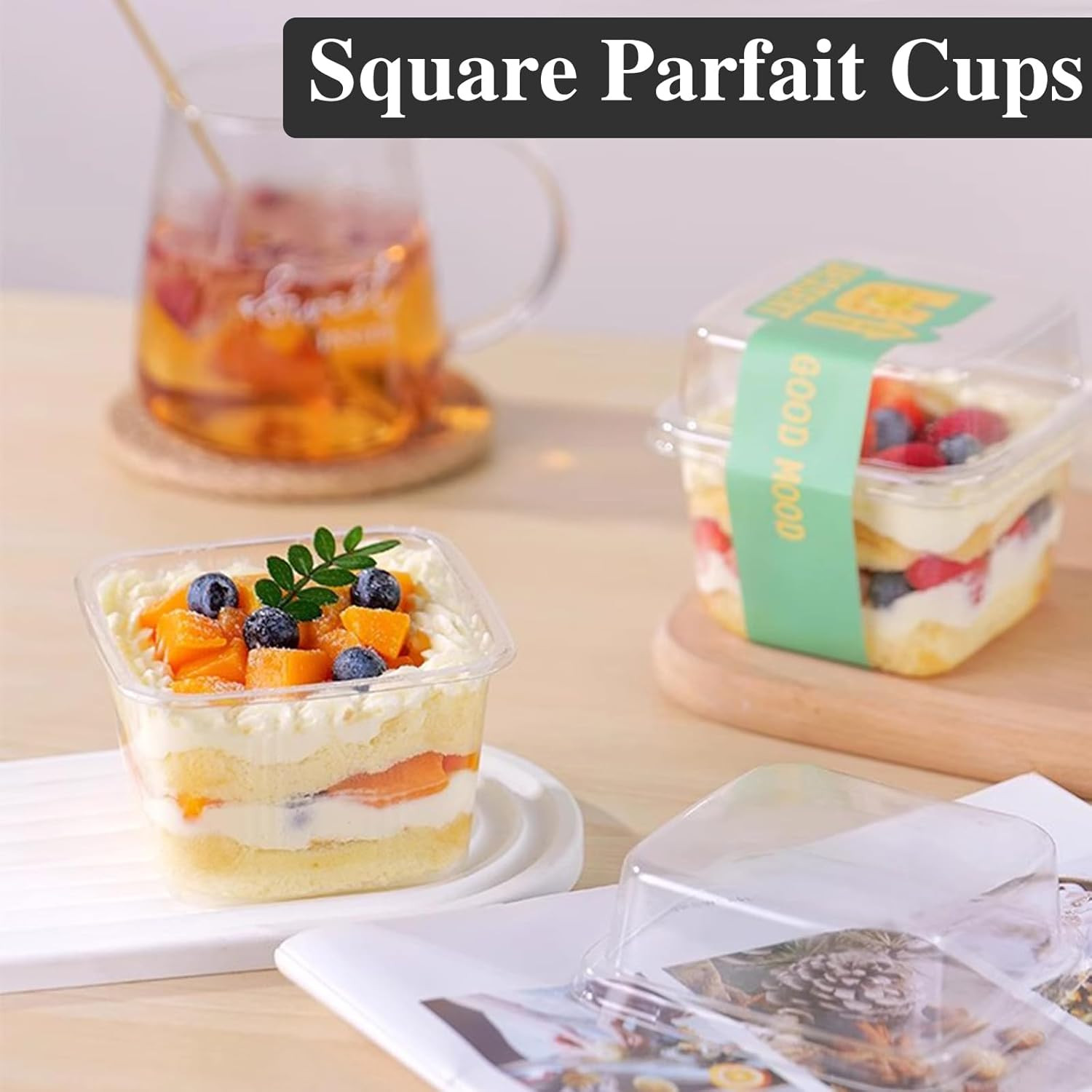 50 Pcs 8OZ Plastic Dessert Cups with Lids and Spoons,Square Parfait Cups,Disposa