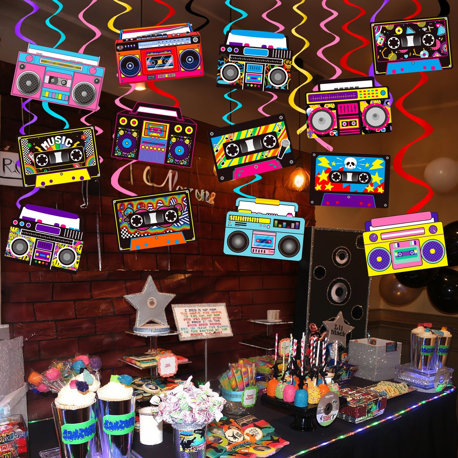 20 PCS Cassette Tape Boombox Hanging Swirls Retro Radio 80s 90s Party