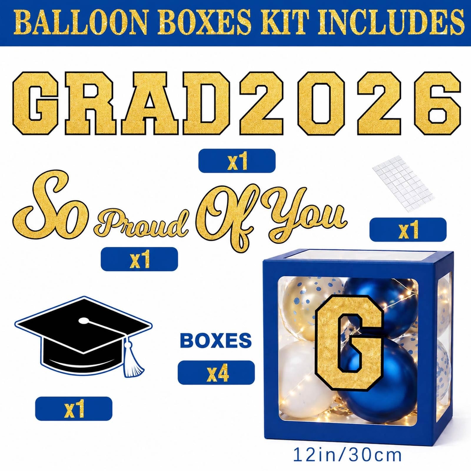 Graduation Decorations Class of 2026 Navy Blue and Gold Balloon Boxes for Hig…