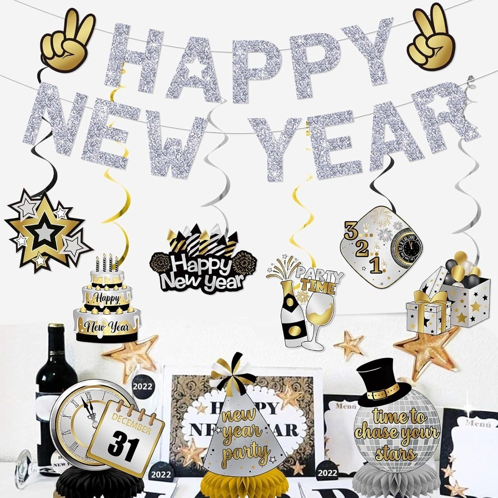 Happy New Year Banner Silver: Glitter New Years Eve Party Supplies 2026 Happy