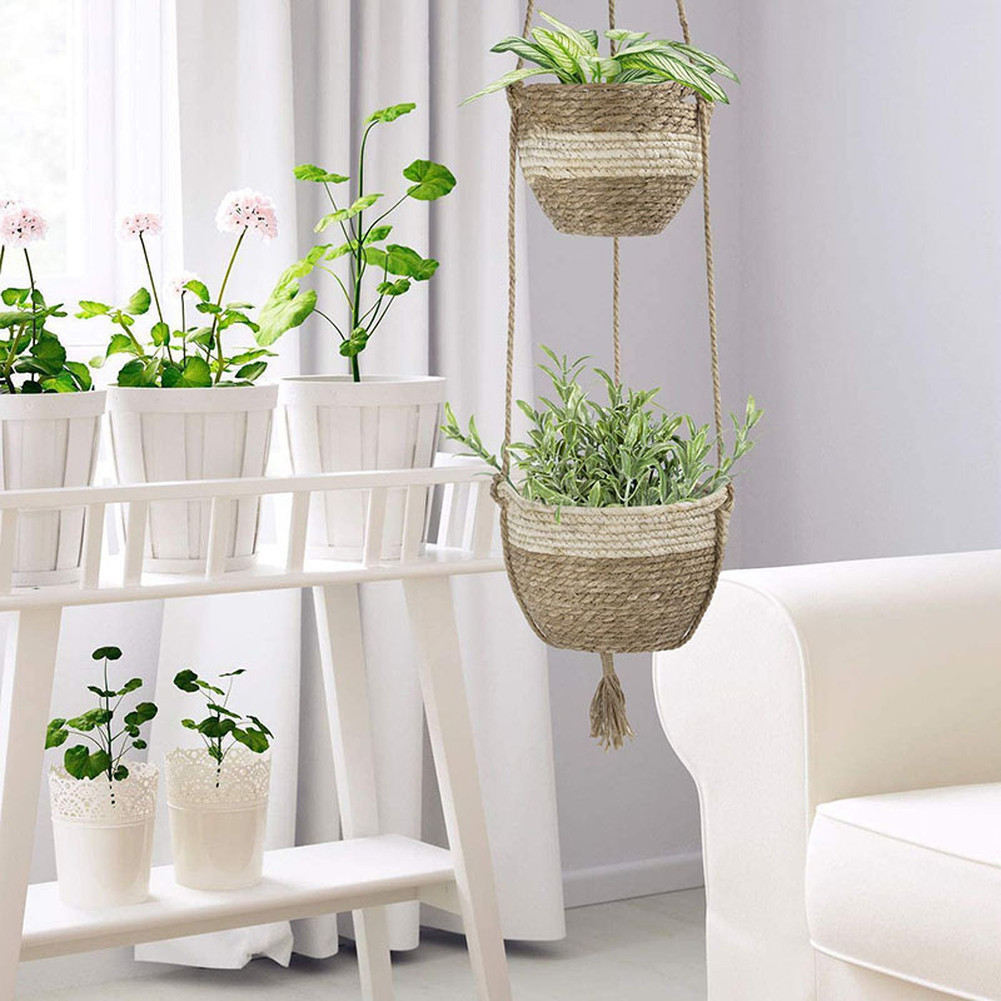 Natural Tone Hanging Plant Basket – Woven Wicker for Contemporary Home Decor