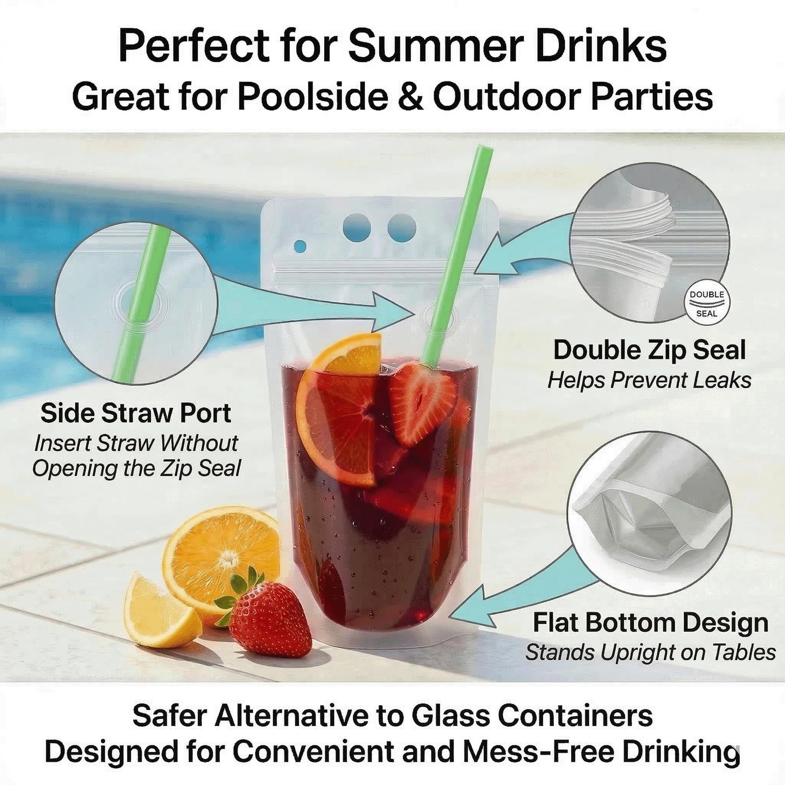 100PCS Drink Pouches with Side Straw Port, Resealable Drink Bag Set with Stra…
