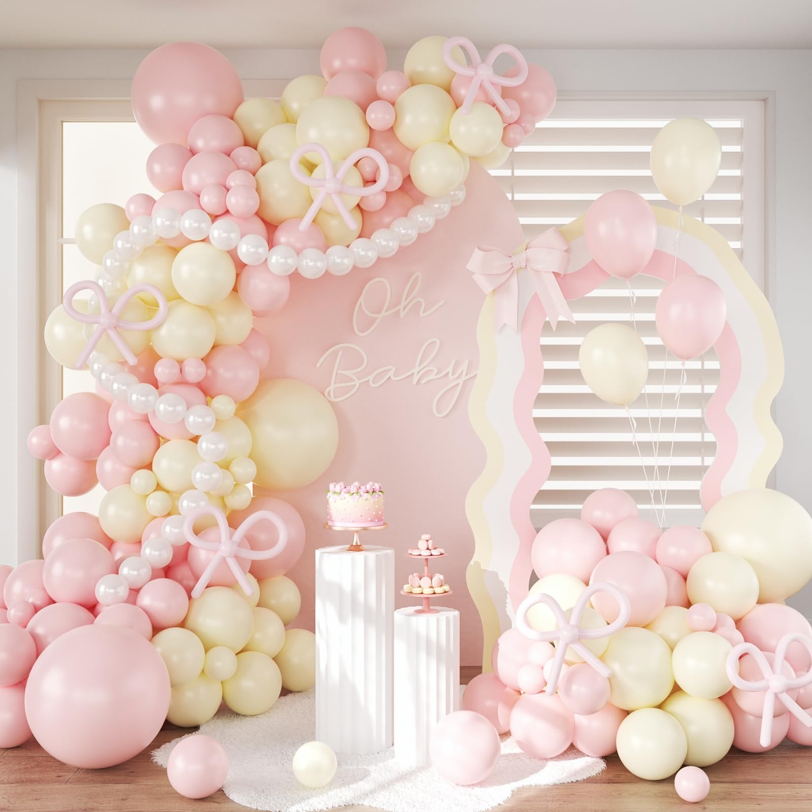Pink and Yellow Balloon Arch Garland Kit, Coquette Bow Light Pink Yellow Pear…
