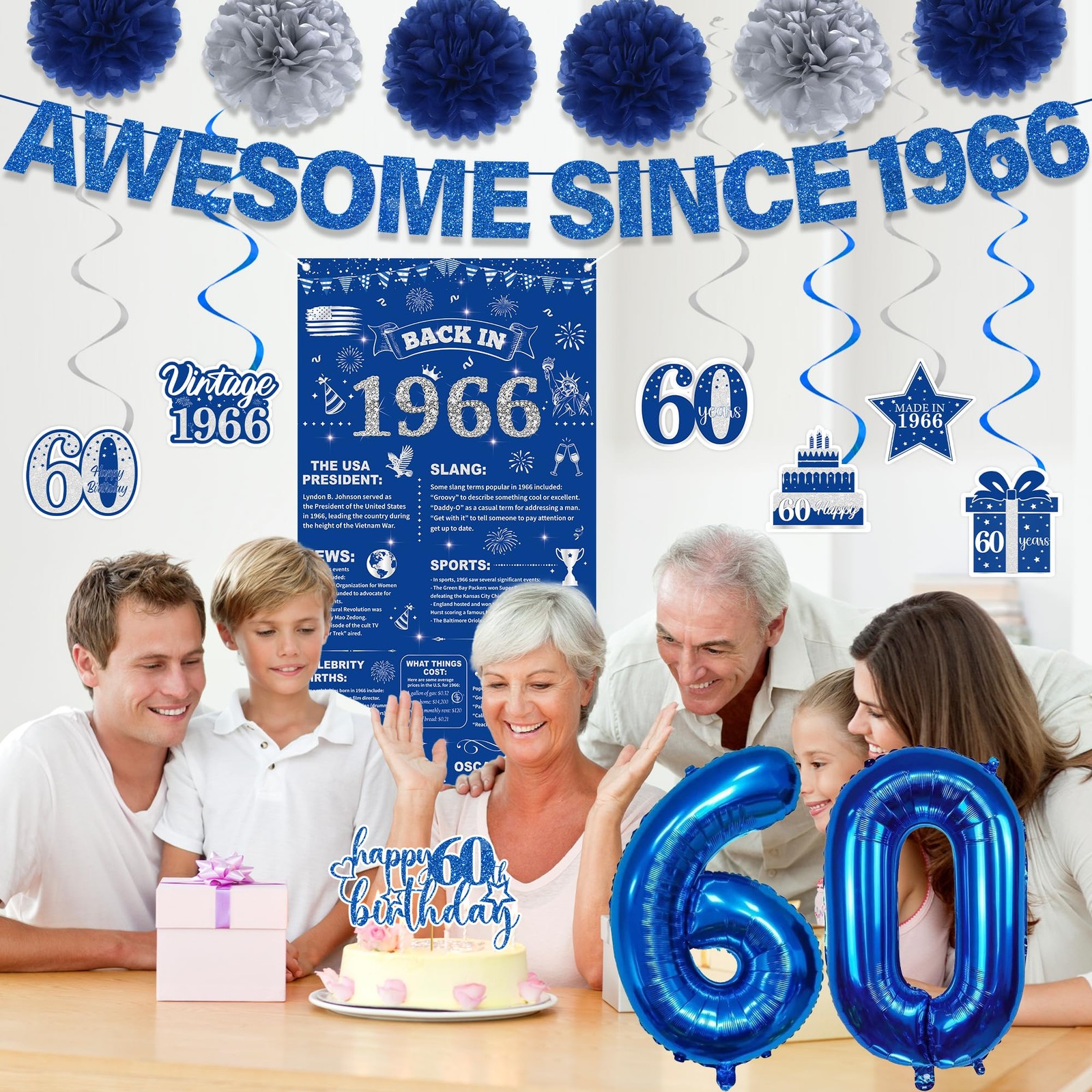 60th Birthday Decorations Men Banner – 17 Pcs Blue Glitter Back In 1966 Birth…