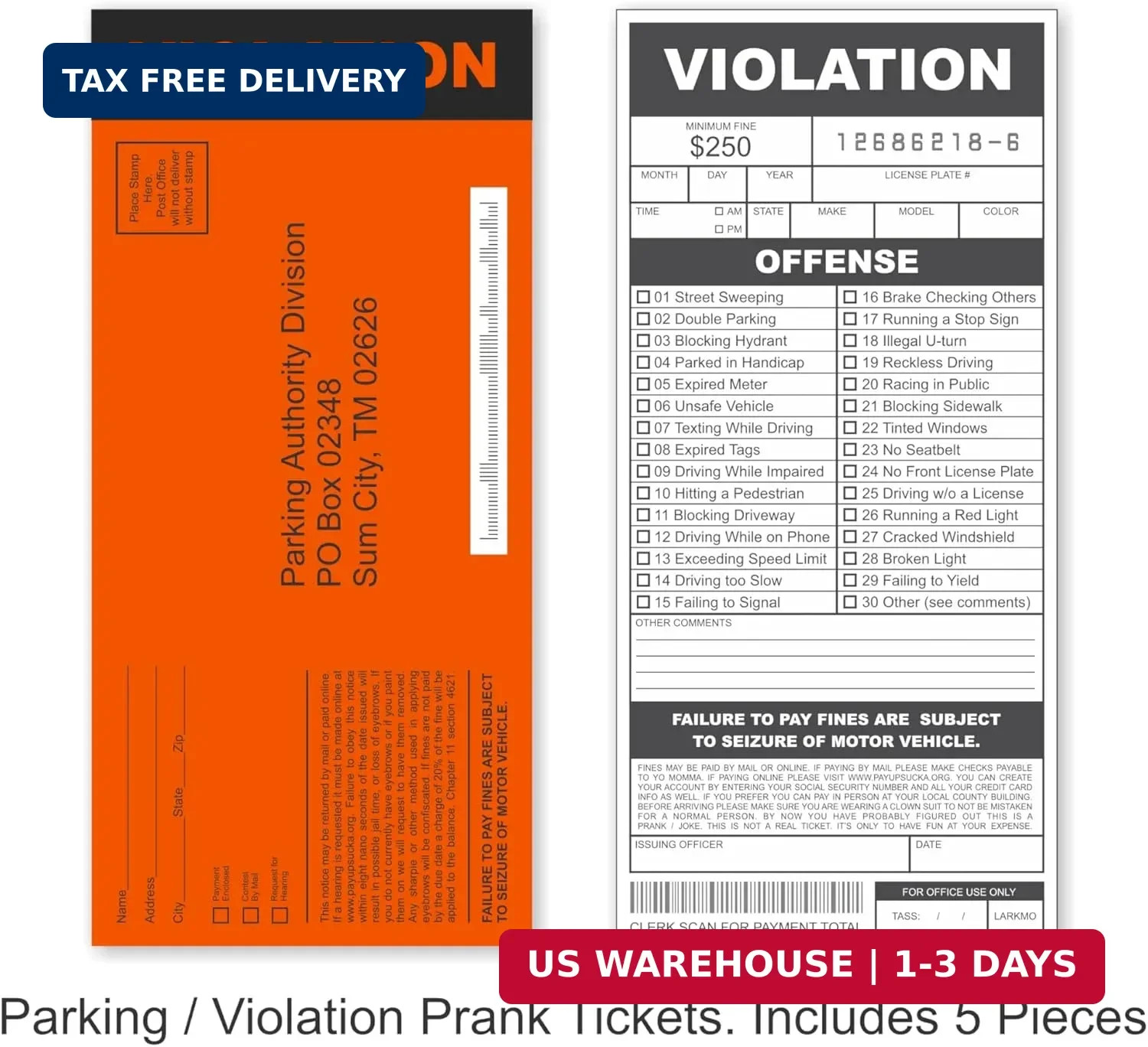 Larkmo Prank Gag Practical Joke Kit Bundle – Fake Lottery Tickets, Parking Viola
