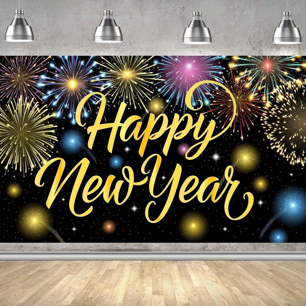 Happy New Year Banner Colorful Firework New Years Backdrop for 2026 Party
