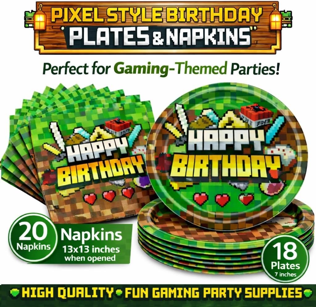 Pixel Birthday Party Decorations, Party Supplies Set Including Banner Tableware