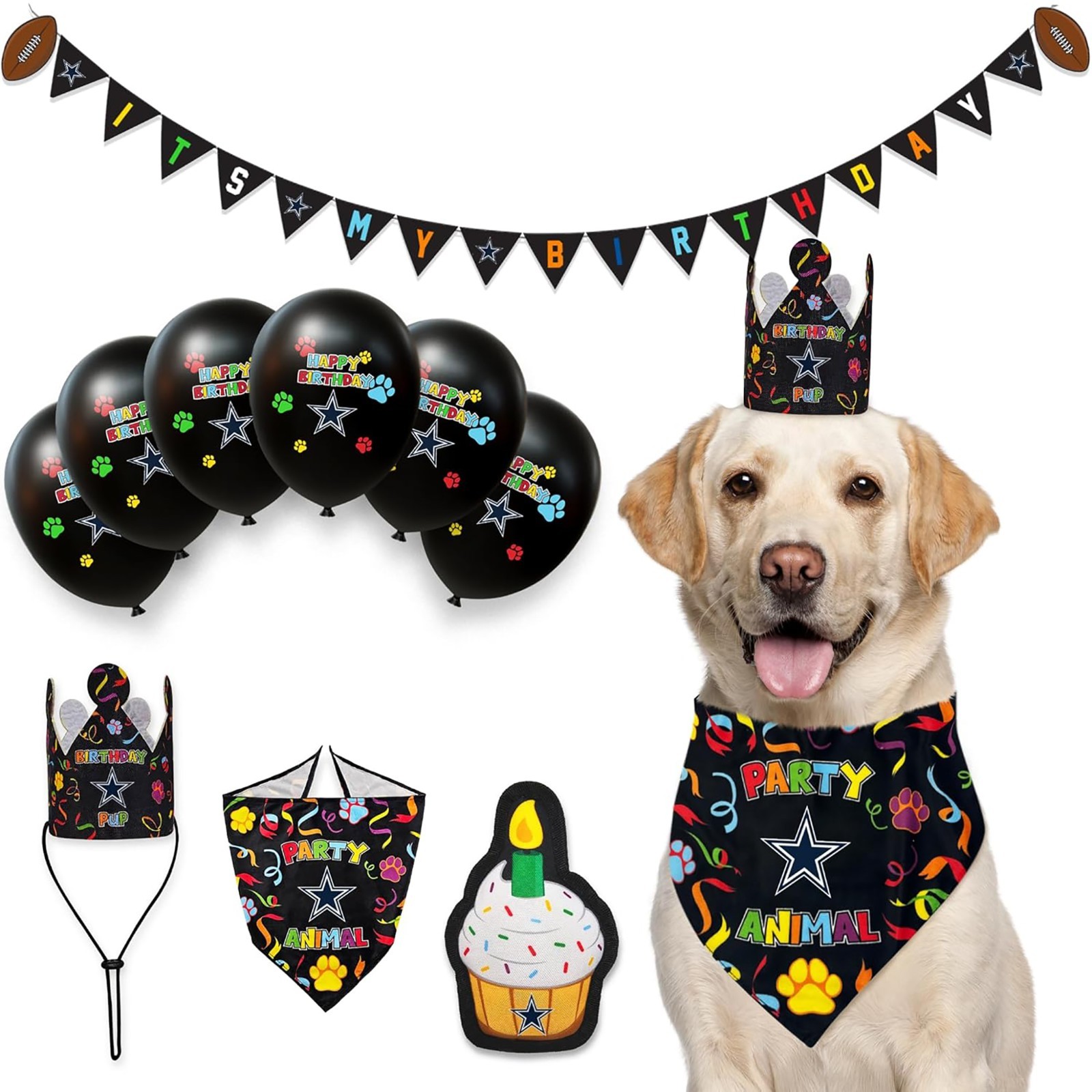 NFL Dallas Cowboys Dog/Cat Birthday Party Set Balloon Bandana Cake Toy Banner Ha