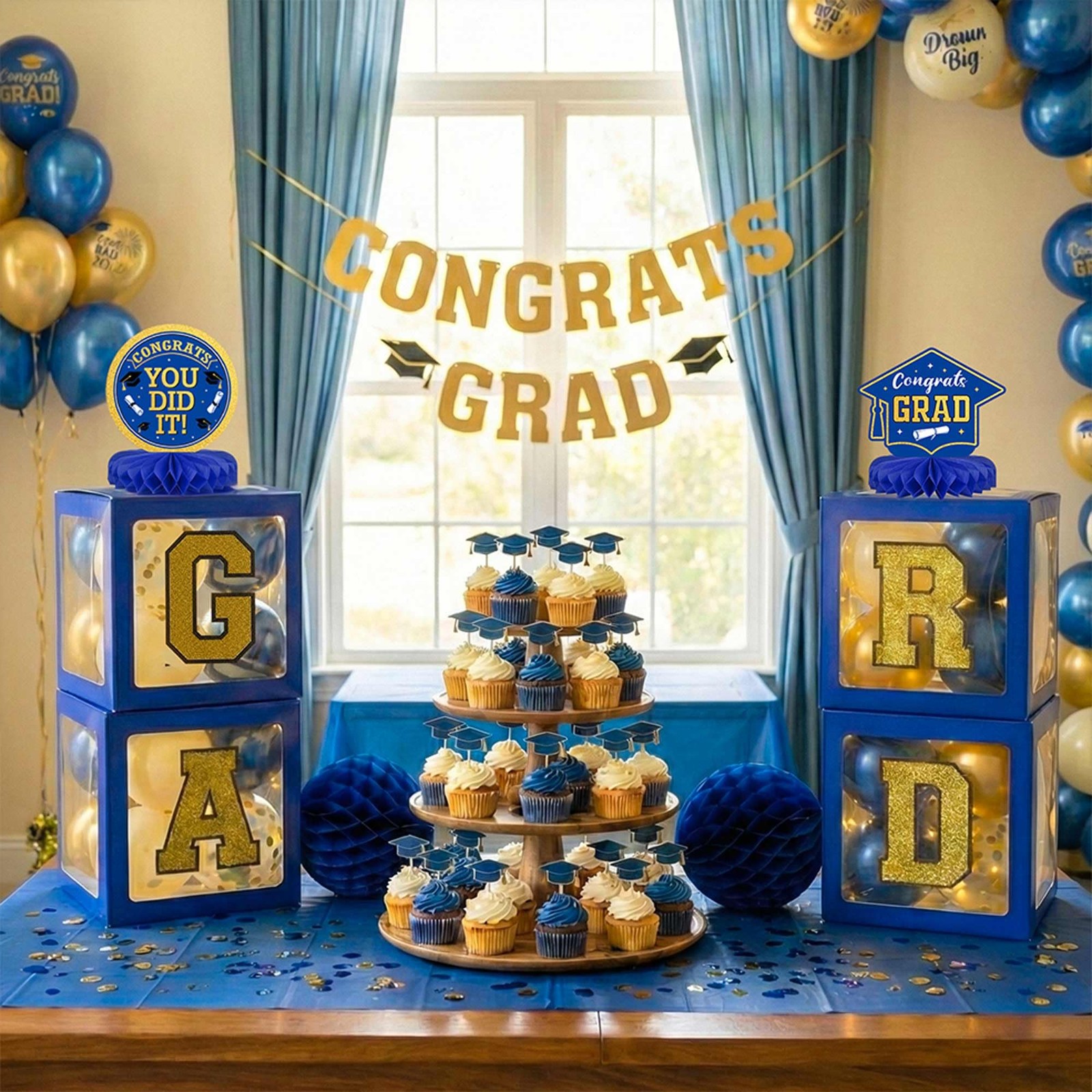 Graduation Decorations Class of 2026 Navy Blue and Gold Balloon Boxes for Hig…
