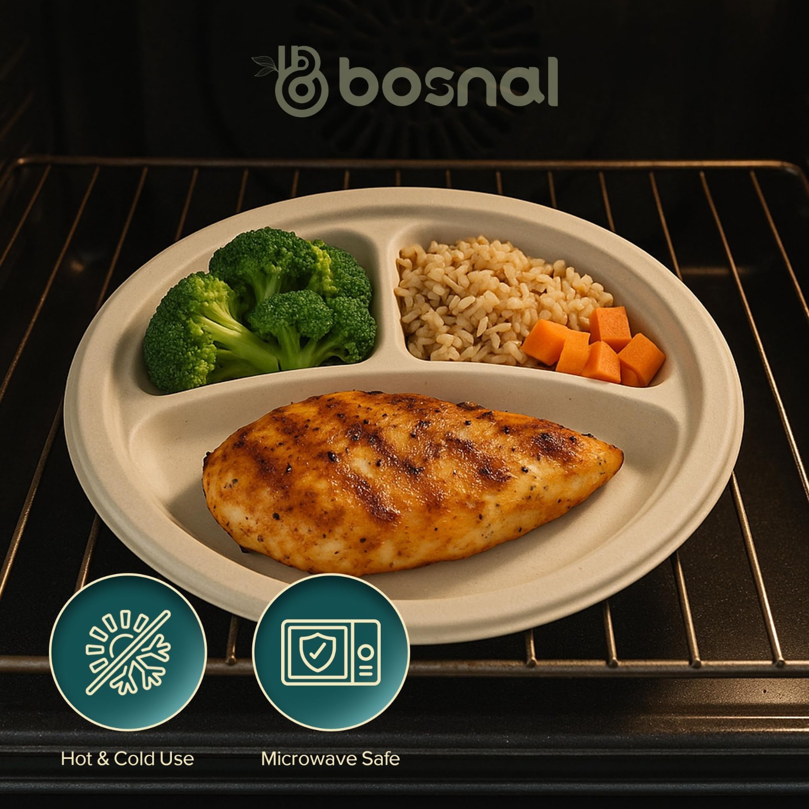 Bosnal – Bagasse Compostable Plates, 10 inch 3-Compartment, Round
