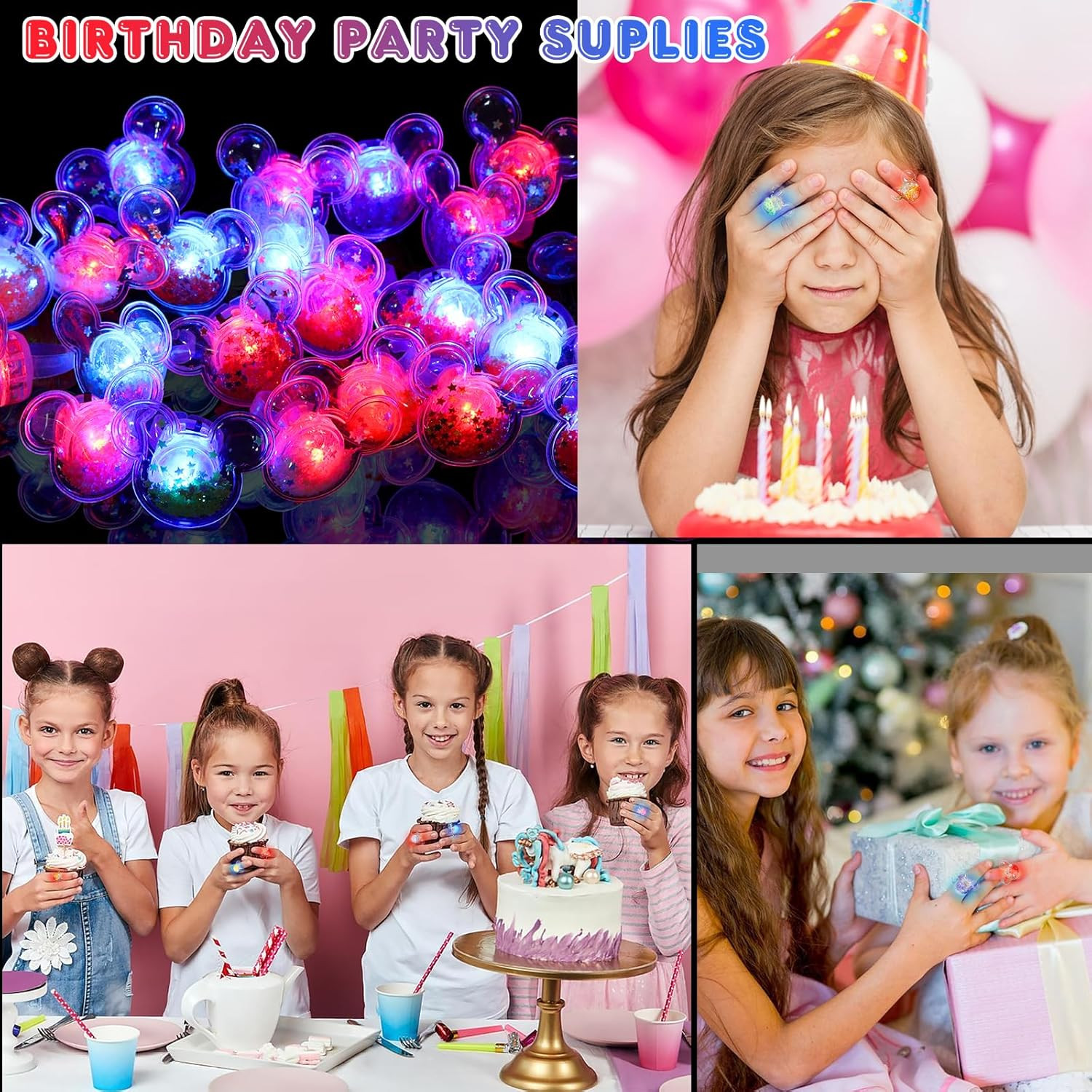 Mouse Party Favors 24 Pcs Glitter Mouse Ear LED Light up Rings Glowing Finger Ri