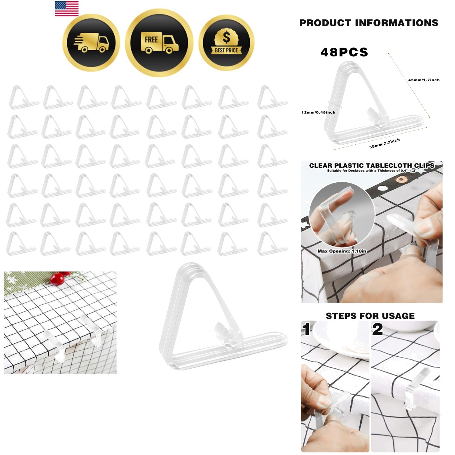 48 Pcs Plastic Table Cloth Holder – Clear Clips for Outdoor Picnic Tables, Sk…
