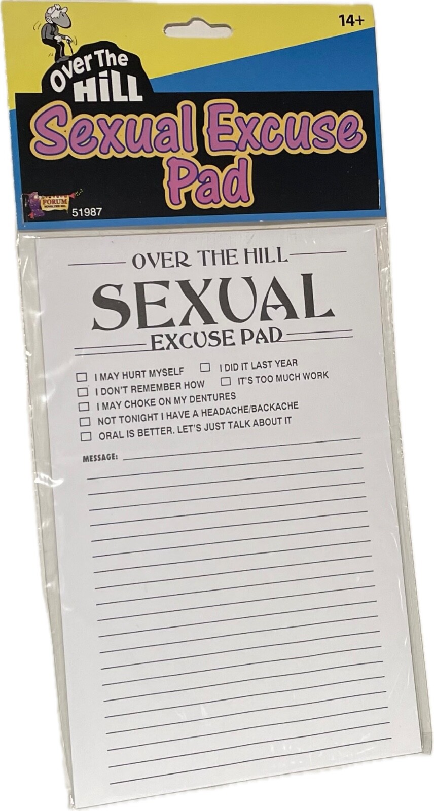 OVER THE HILL SEXUAL EXCUSE PAD Paper Old Age Retirement Joke Gag Prank Gift Fun