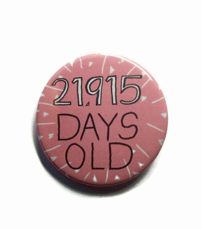 60th birthday badge age number pin sixty age party sixtieth days old pink colour