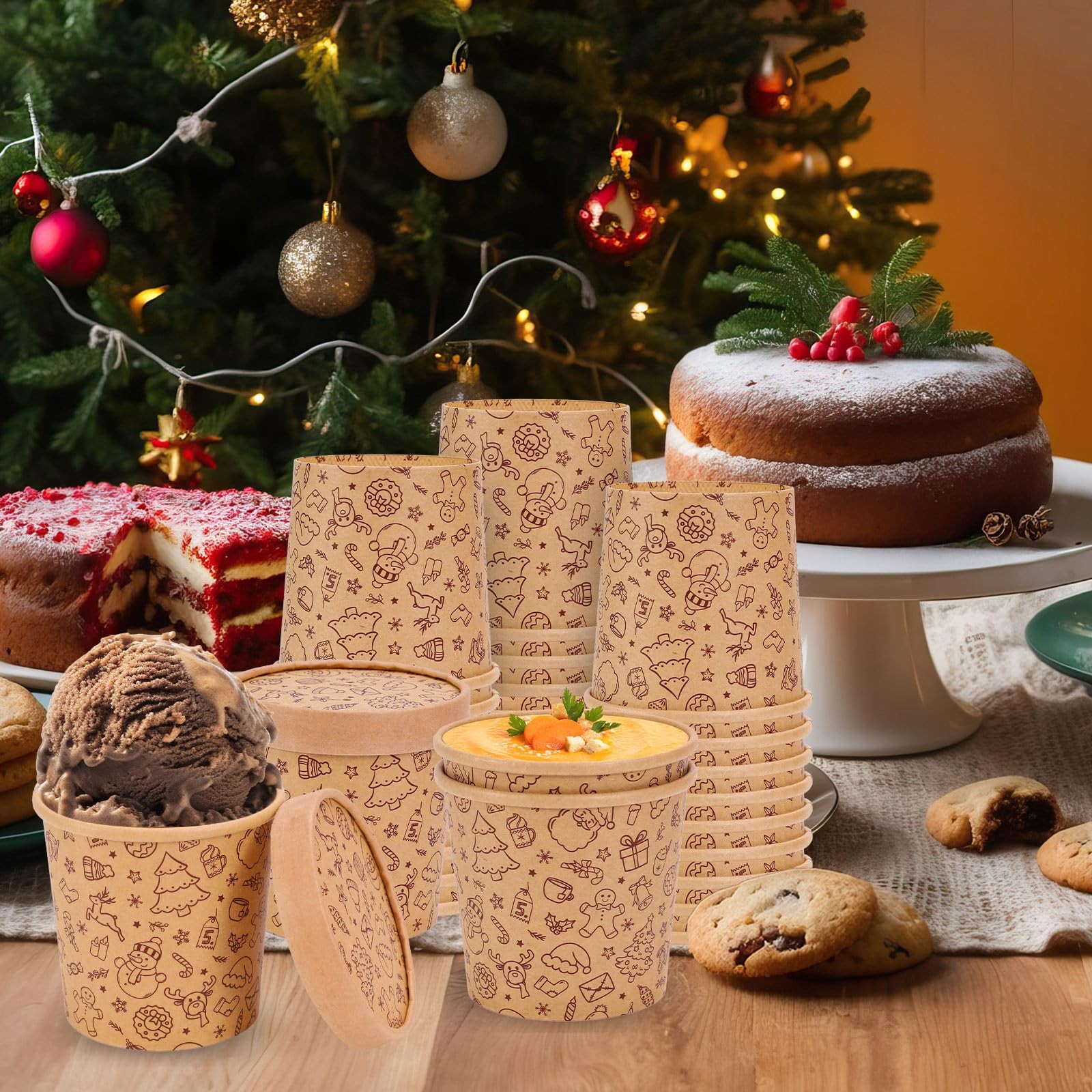 FYSUIMU 50Pcs Christmas Kraft Leftover Containers with Lids 12Oz Xmas Pattern Pa