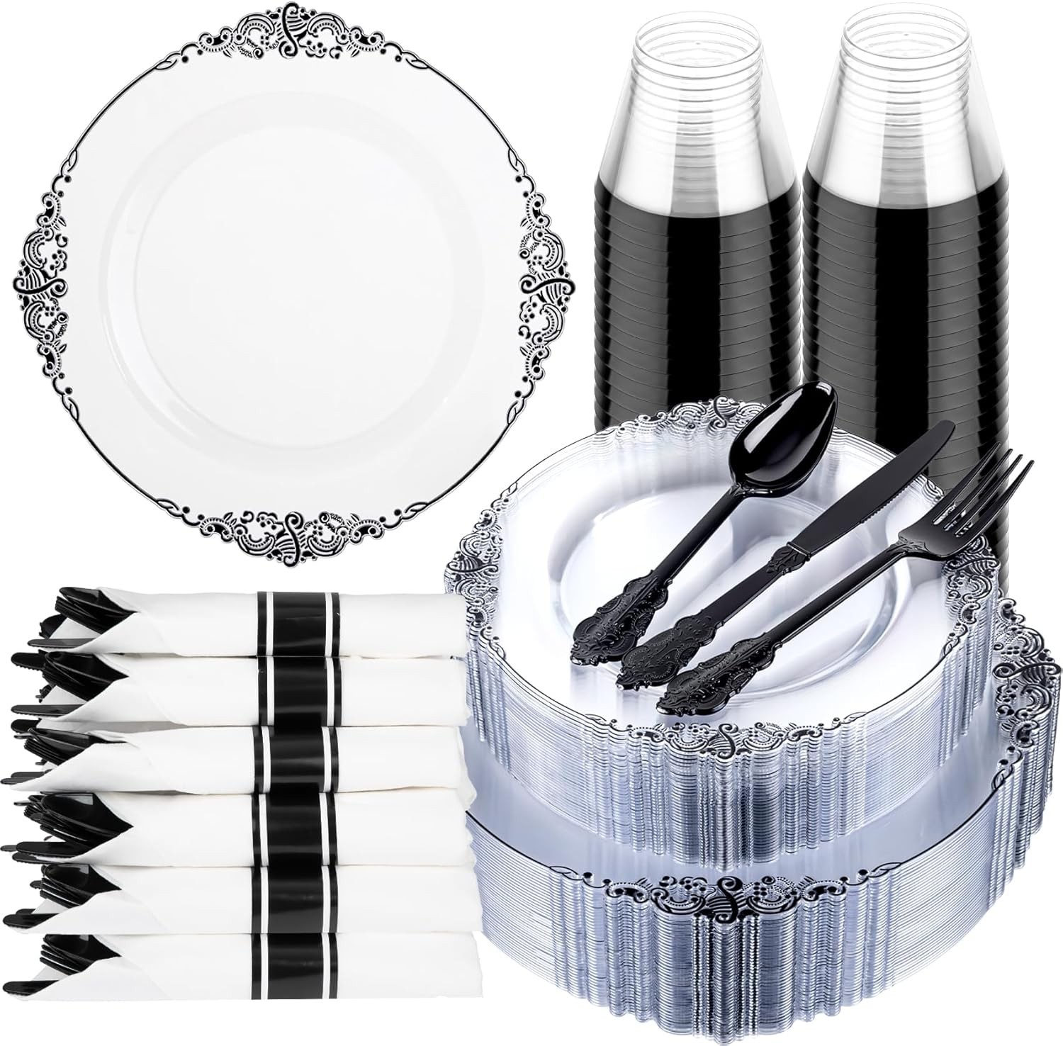 175pcs Clear and Black Plates – Black Party Plates for 25 Guest