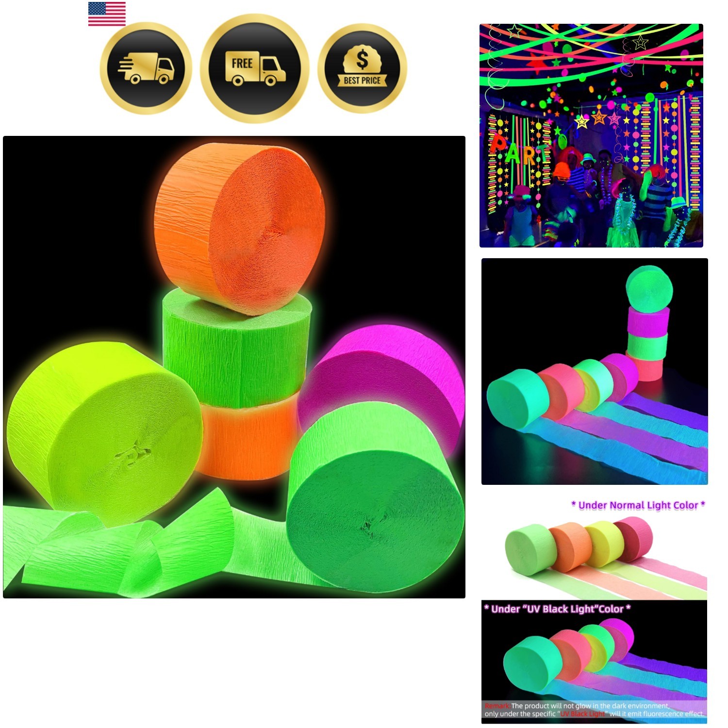 420feet Blacklight Party Streamer Decorations 4 Rolls Glow Crepe Paper UV Rea…