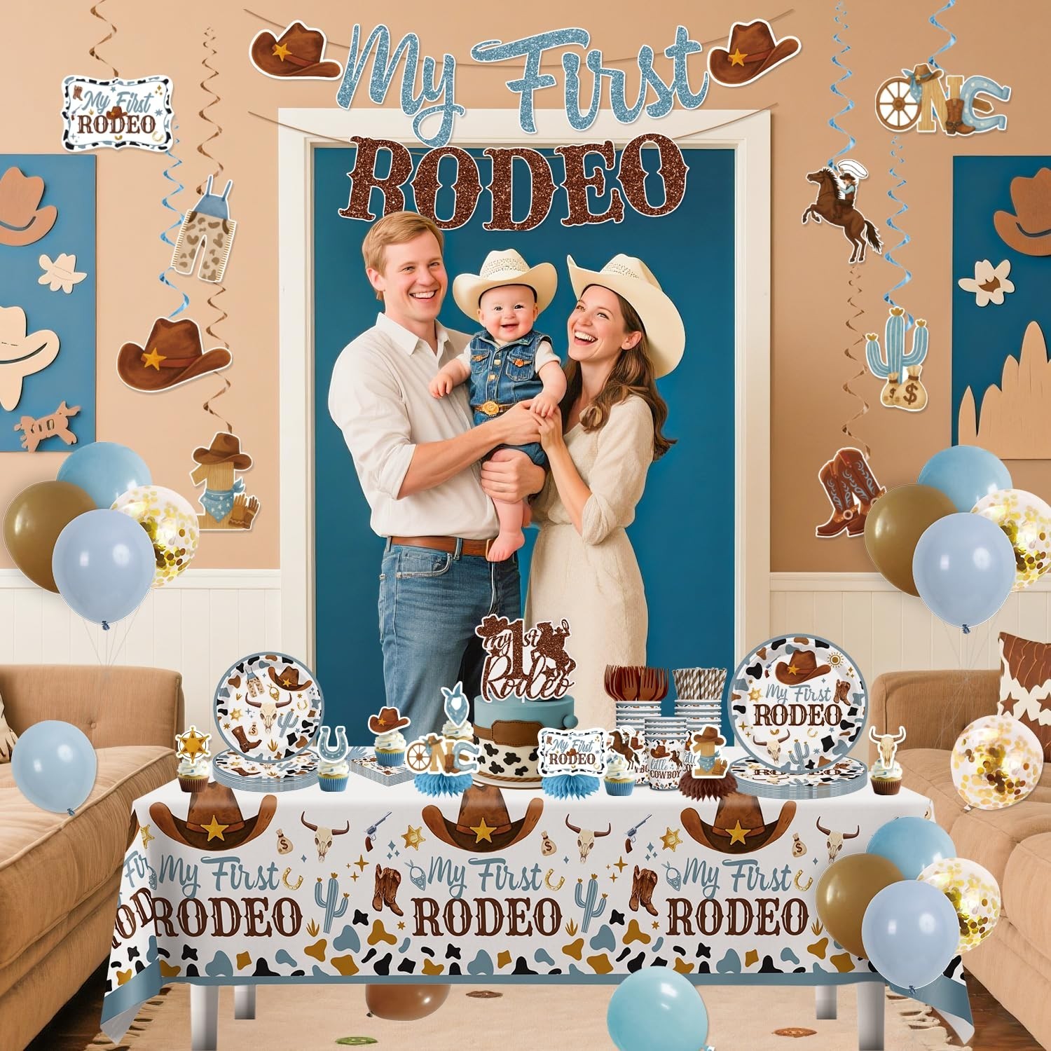171 PCS First Rodeo Birthday Decorations for Boys – Tableware, Cake & Balloons
