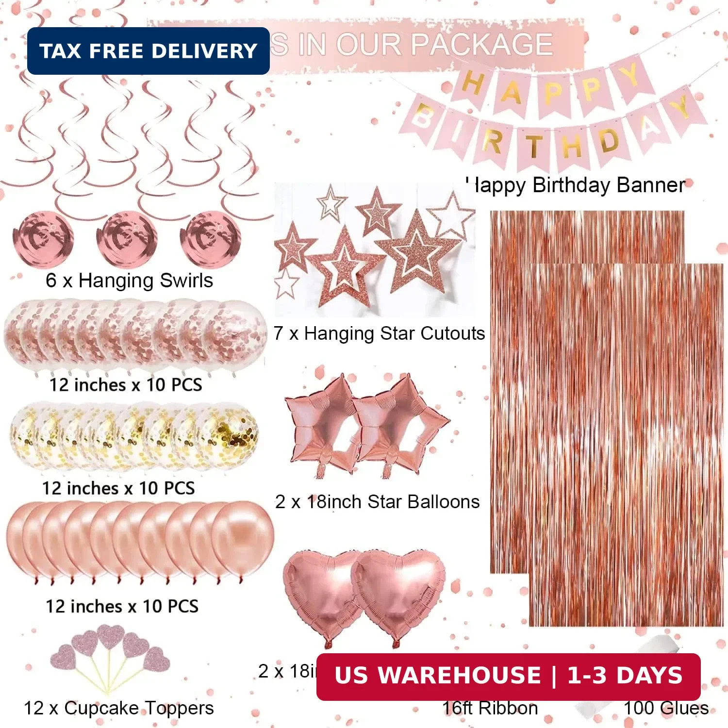 Rose Gold Birthday Party Decorations, Happy Birthday Banner, Rose Gold Fringe Cu