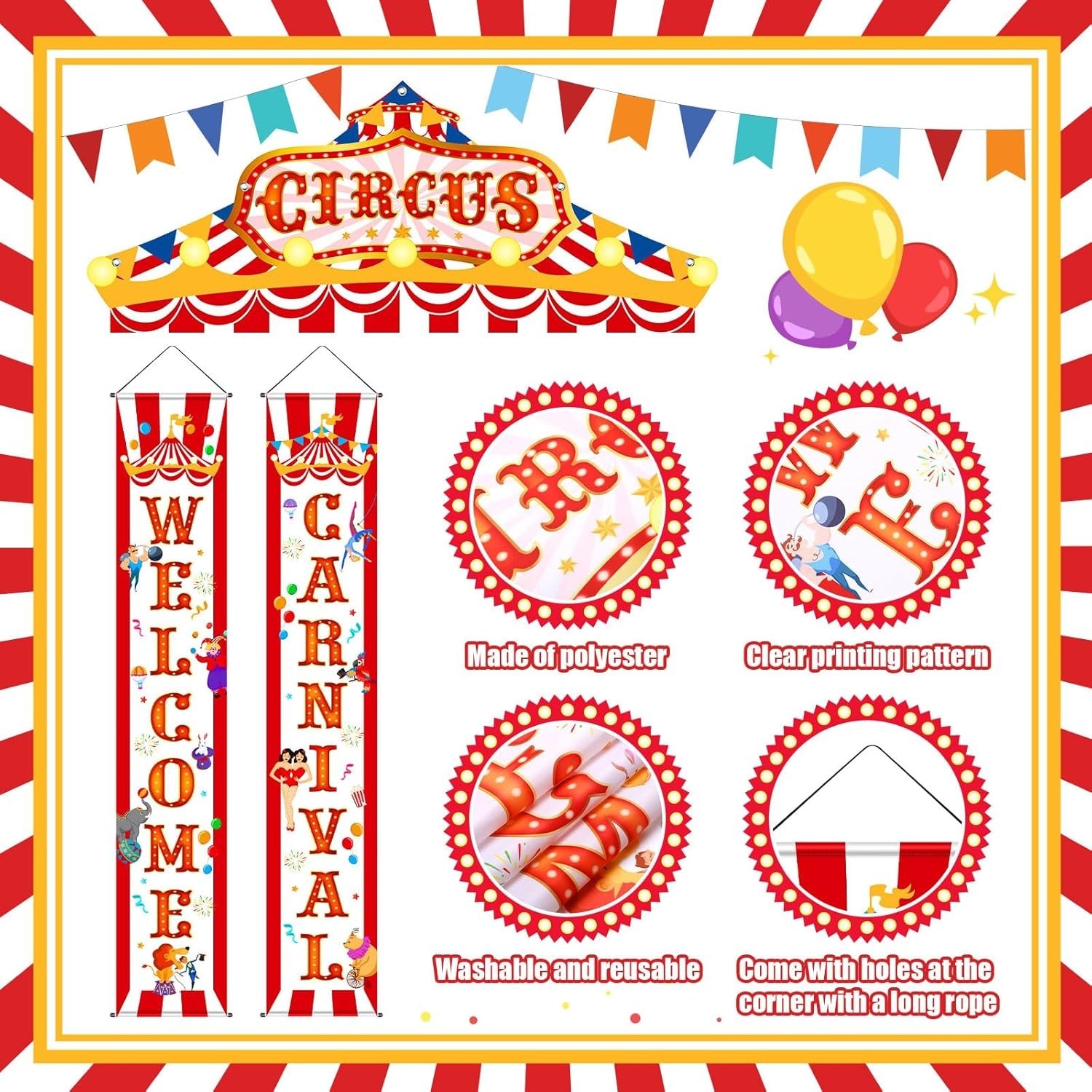 3 Pcs Carnival Circus Porch Banner Awning Door Welcome Birthday Party Decor Sets
