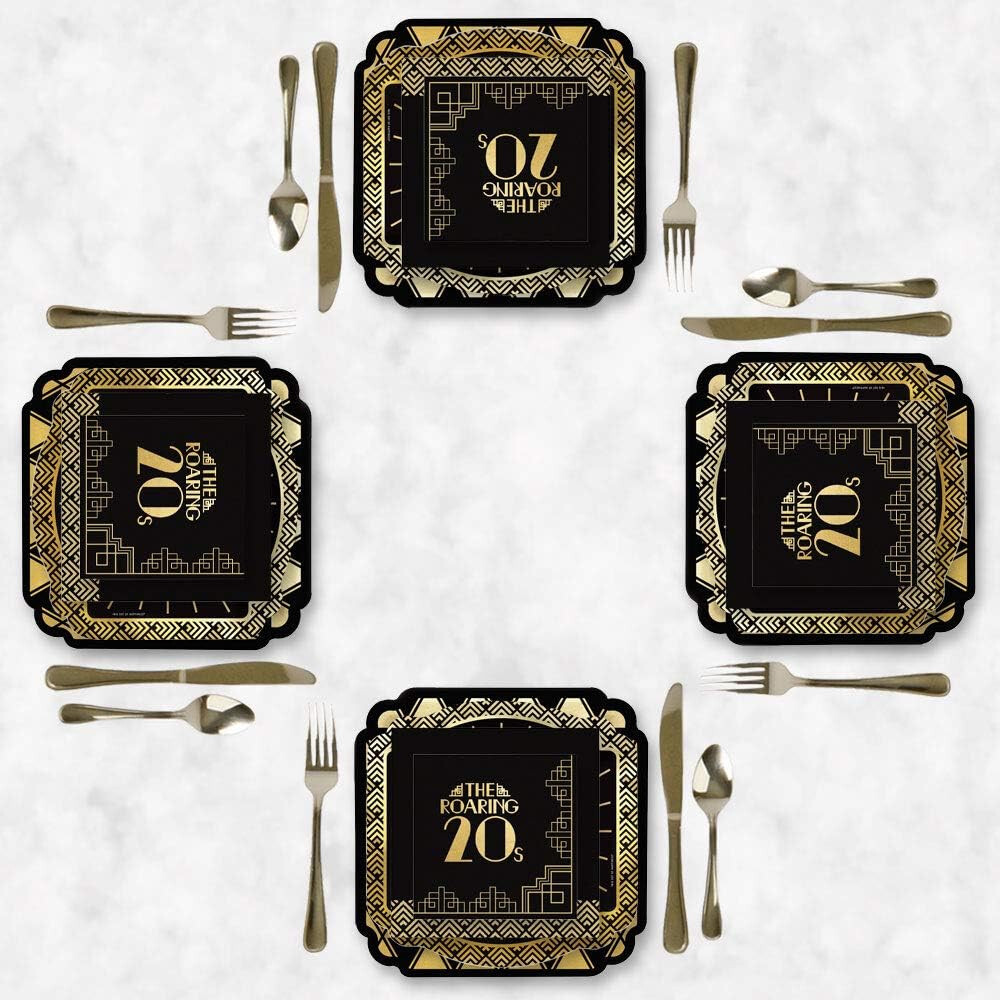 64 Piece Roaring 1920s Gold Foil art deco jazz theme tableware plates napkins
