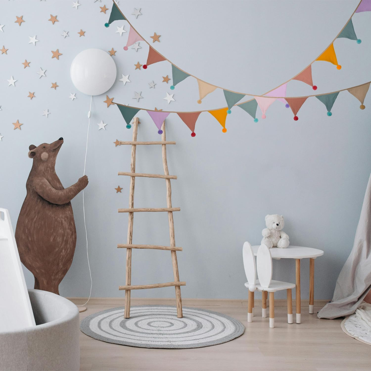 Fabric Bunting Banner, 2 Pack Handmade Neutral String Banner with Felt Ball Each