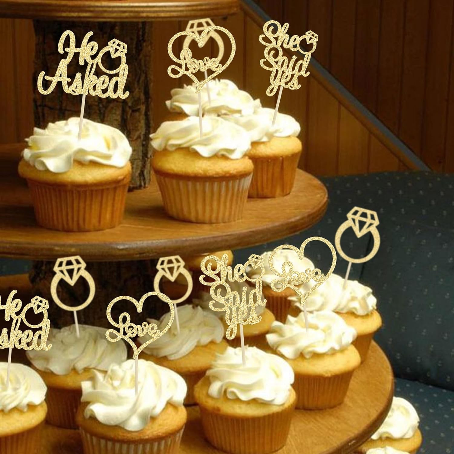 He Asked She Said Yes Cupcake Toppers Gold Glitter Diamond Ring Heart Love Ca…
