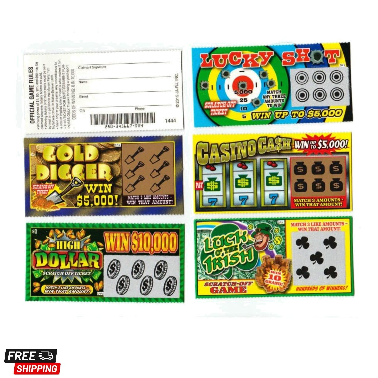 5 Phony Fake All Winning Scratch Off Lottery Tickets -Joke- Prank- Gag