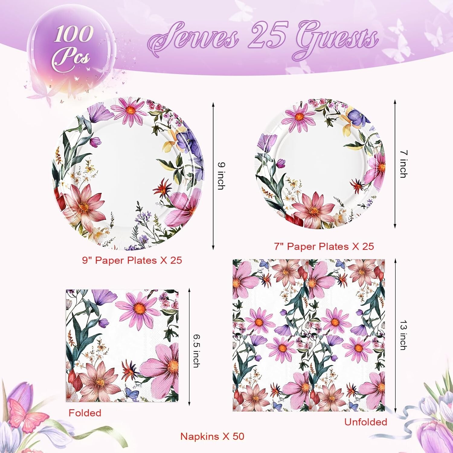 100 Piece Summer Floral Disposable Contemporary Multicolor Set (Plates, Napkins)