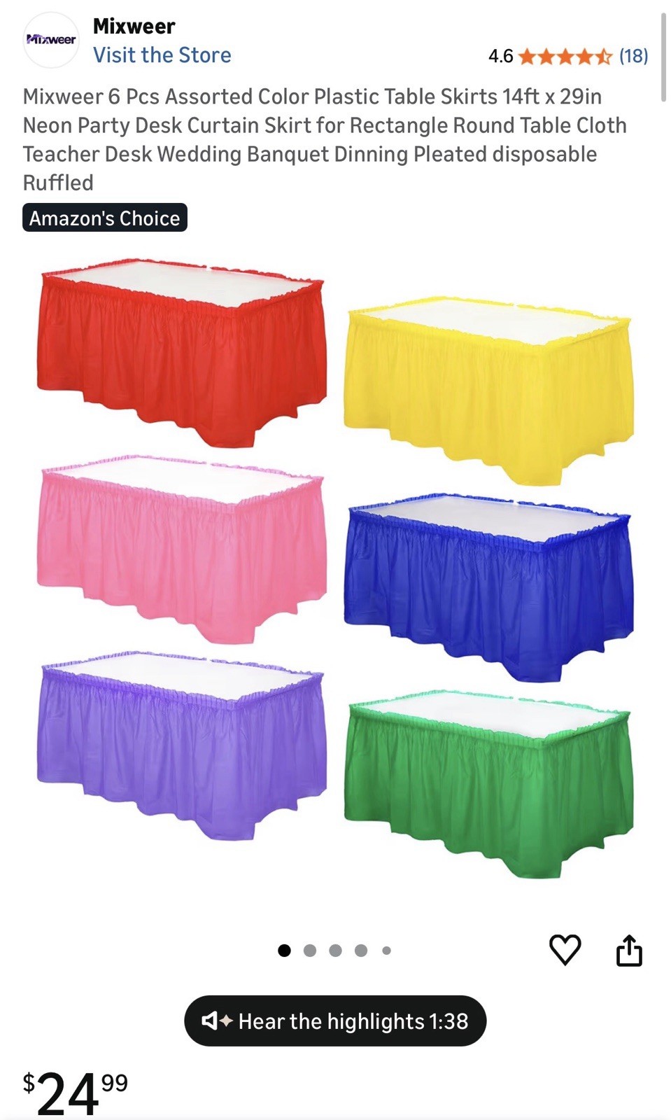 6 Pcs Assorted Color Plastic Table Skirts 14ft x 29in Neon Party Desk Curtain…