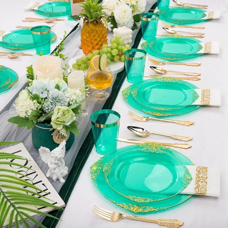 Premium Disposable Plastic Plates Set 25 Guests W/ Gold Cutlery & Napkins New