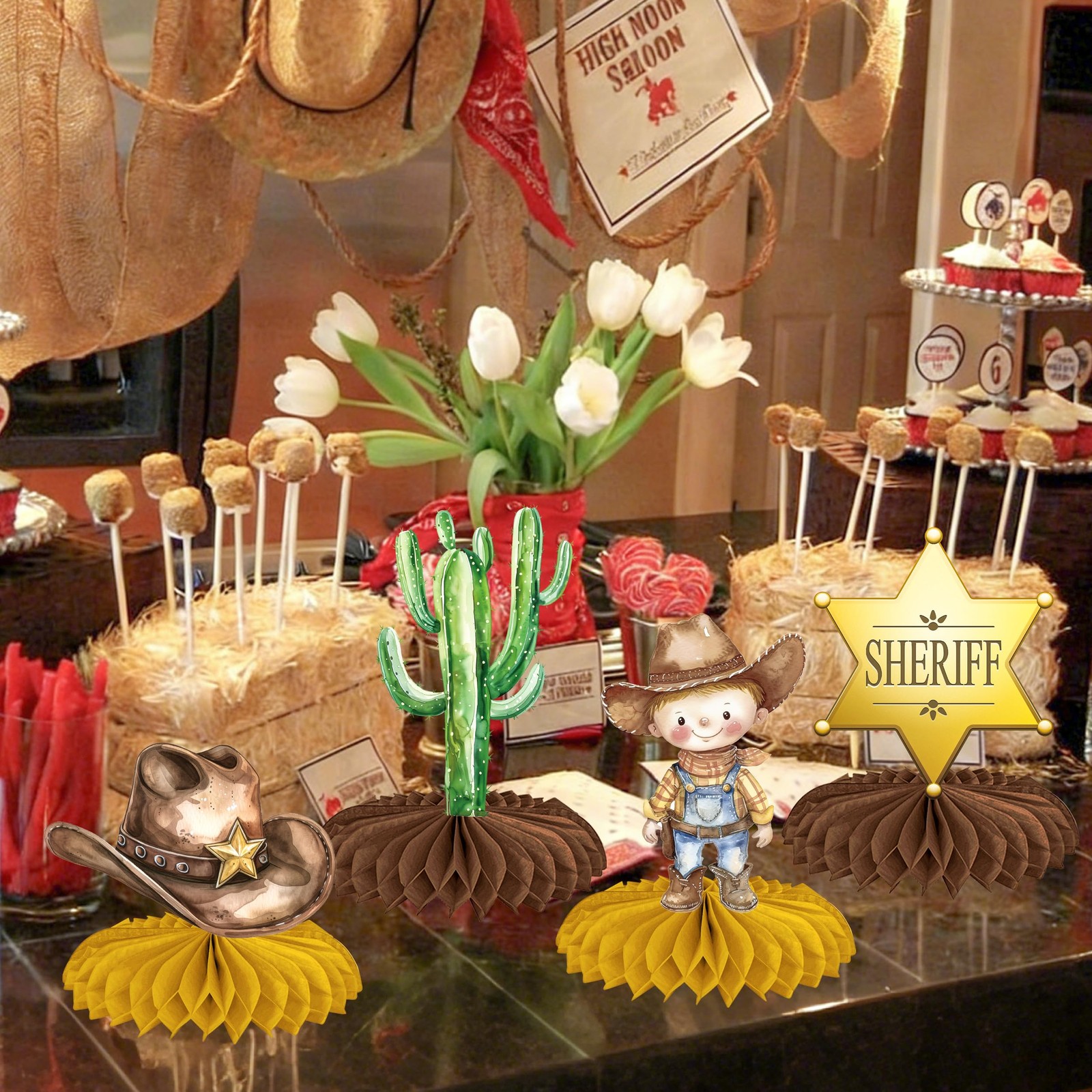 10 PCS Western Cowboy Theme Honeycomb Centerpieces Baby Shower Rodeo Party
