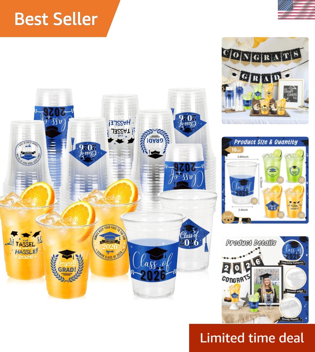 100 Pack 16oz Blue Graduation Decorations Cups, Class of 2026 Disposable Plas…