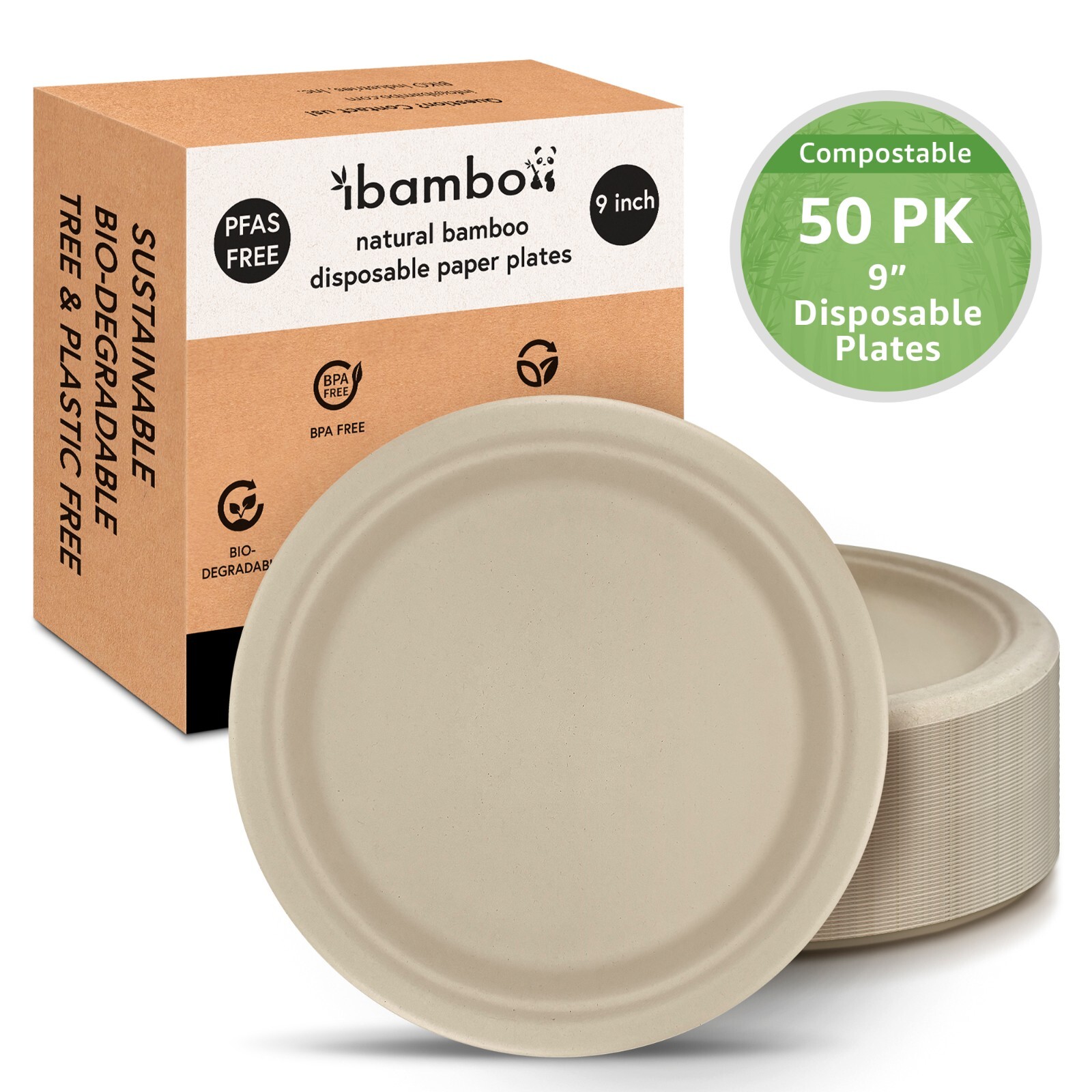 Ibambo Bamboo Disposable Paper Plates – 9 Inch, 50 Pack, Compostable Plates