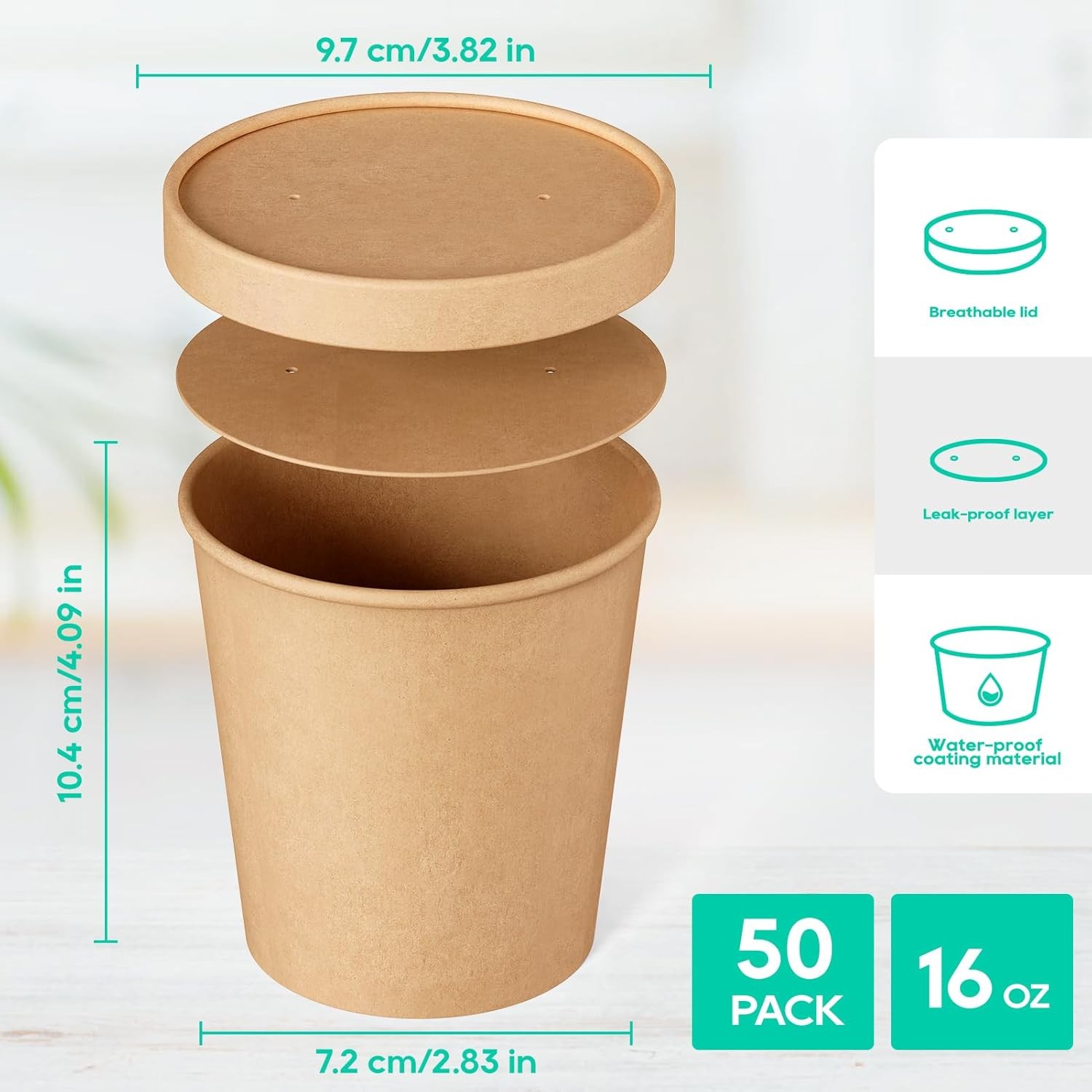 50pack 16oz Paper Soup Containers with Lids, Disposable Paper Food Cups, Brown