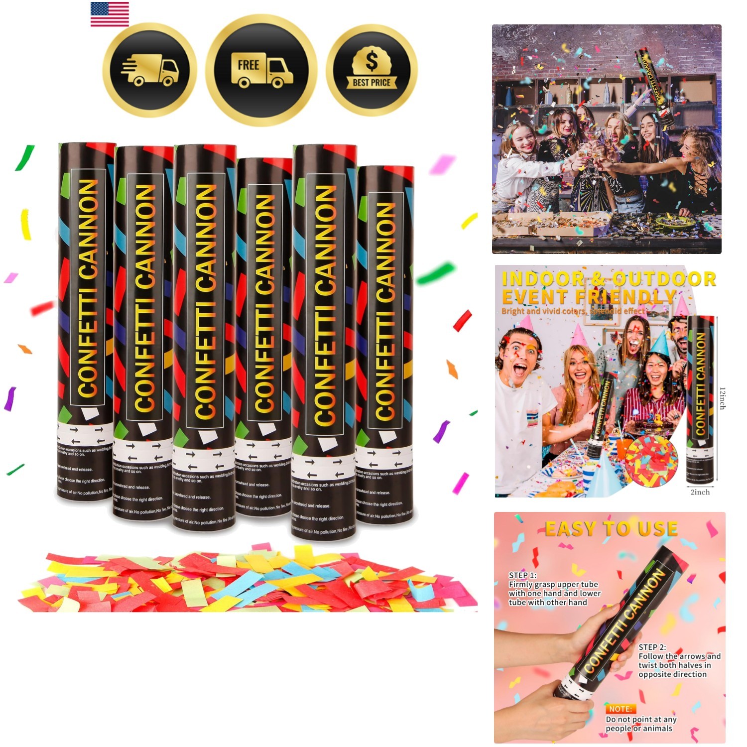 Celebration Ready: 6 Pack 12 Inch Multicolor Confetti Cannons for Any Occasion