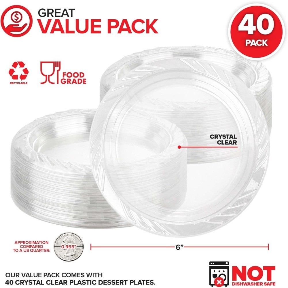 6-Inch Clear Plastic Dessert Plates (40 Pack) Flexible Disposable Clear Plates