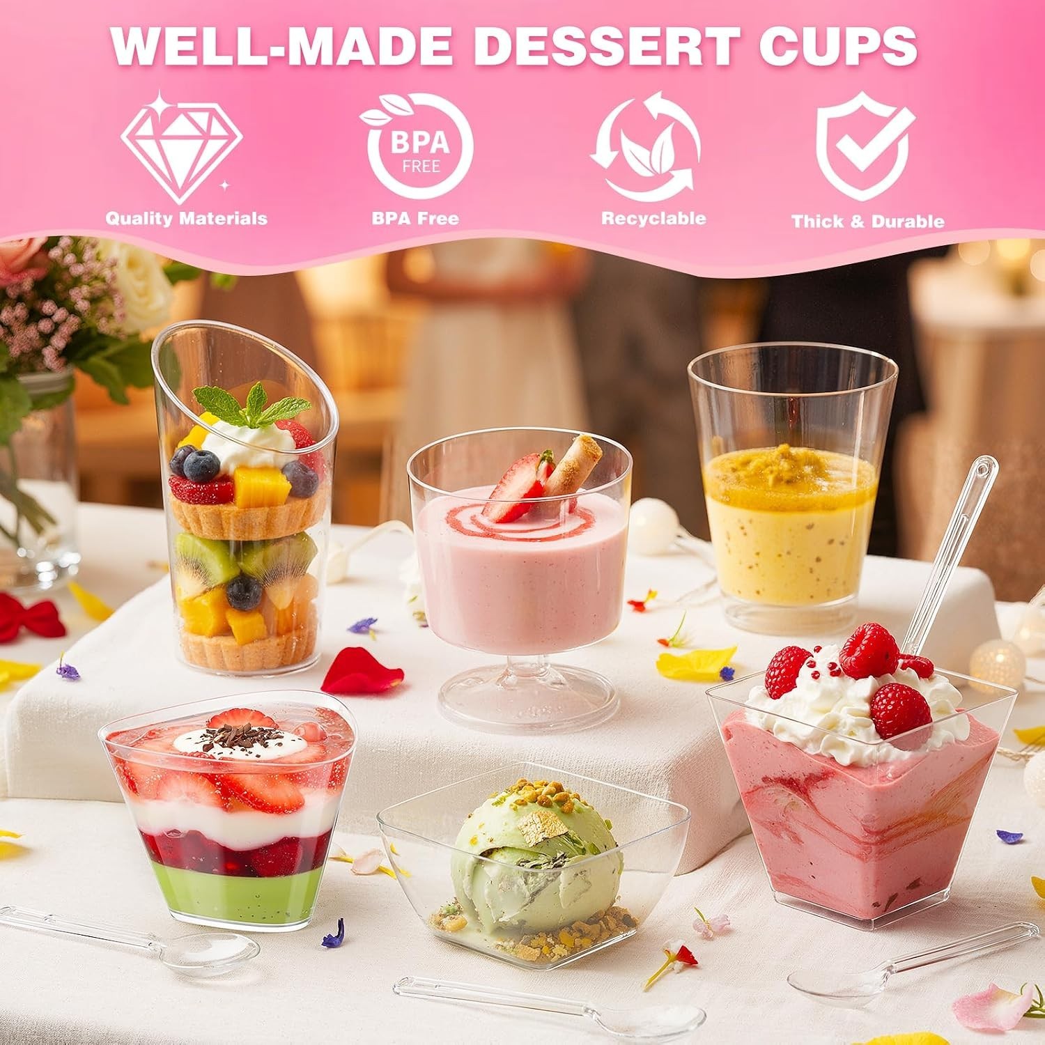 400 Pcs Mini Dessert Cups with Spoons, 6 Styles Plastic Dessert Cups, Clear V…