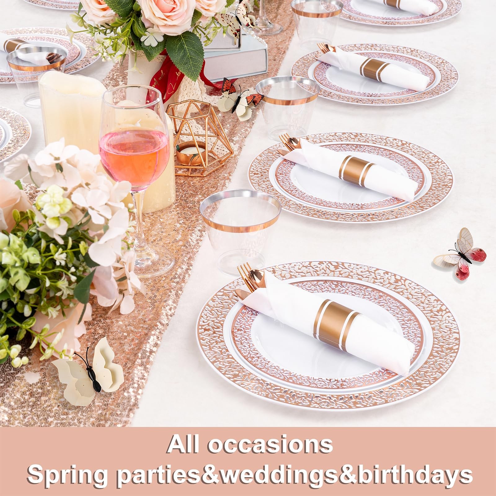 350 PCS Rose Gold Disposable Dinnerware Set for 50 Guests, Disposable Rose Go…