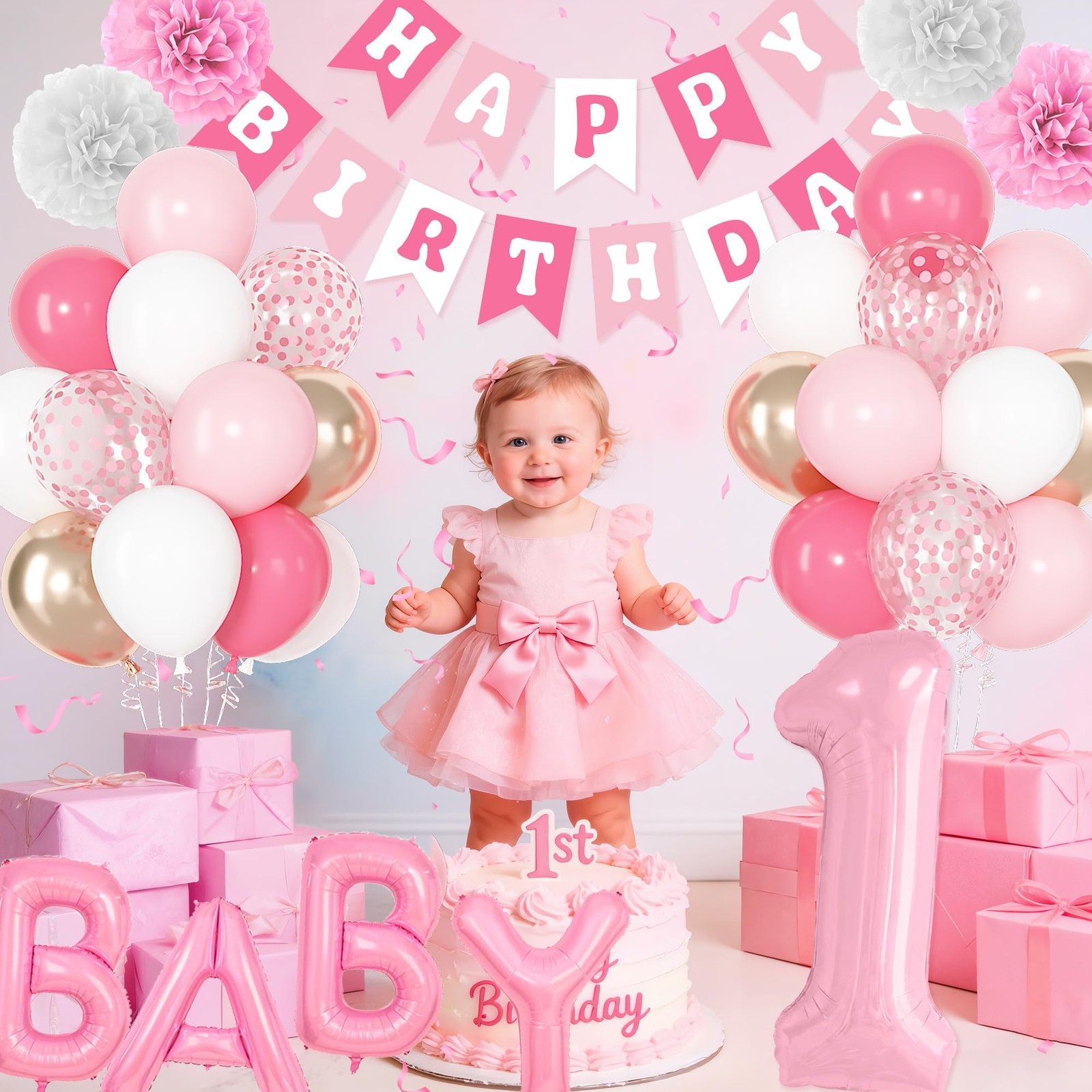 1st Birthday Decorations for Girls, 40 Inch Number 1 Balloon Pastel White Pink
