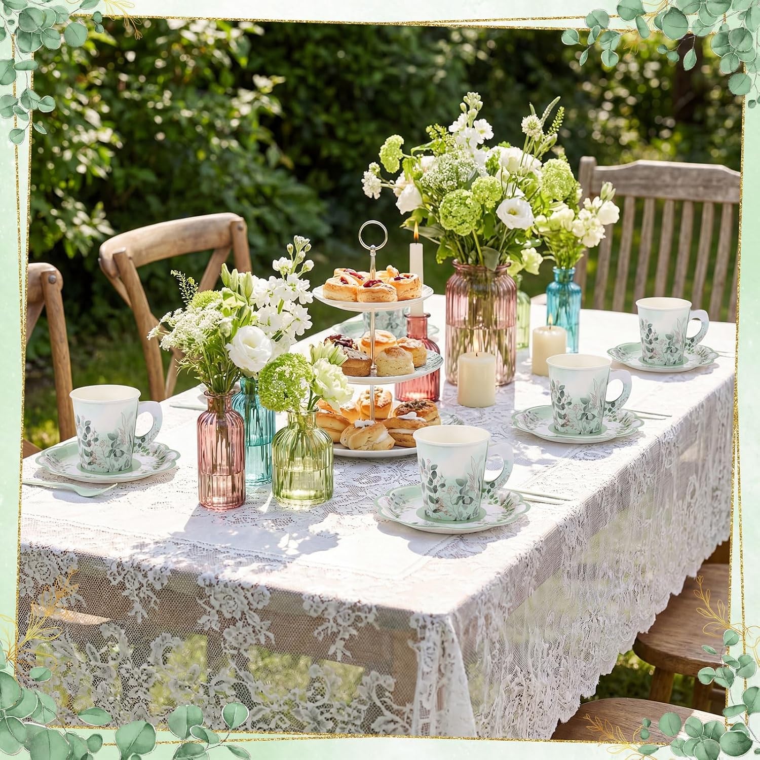 24 Sets Eucalyptus Leaf Tea Party Cups, 7 OZ Disposable Paper Tea Cups with