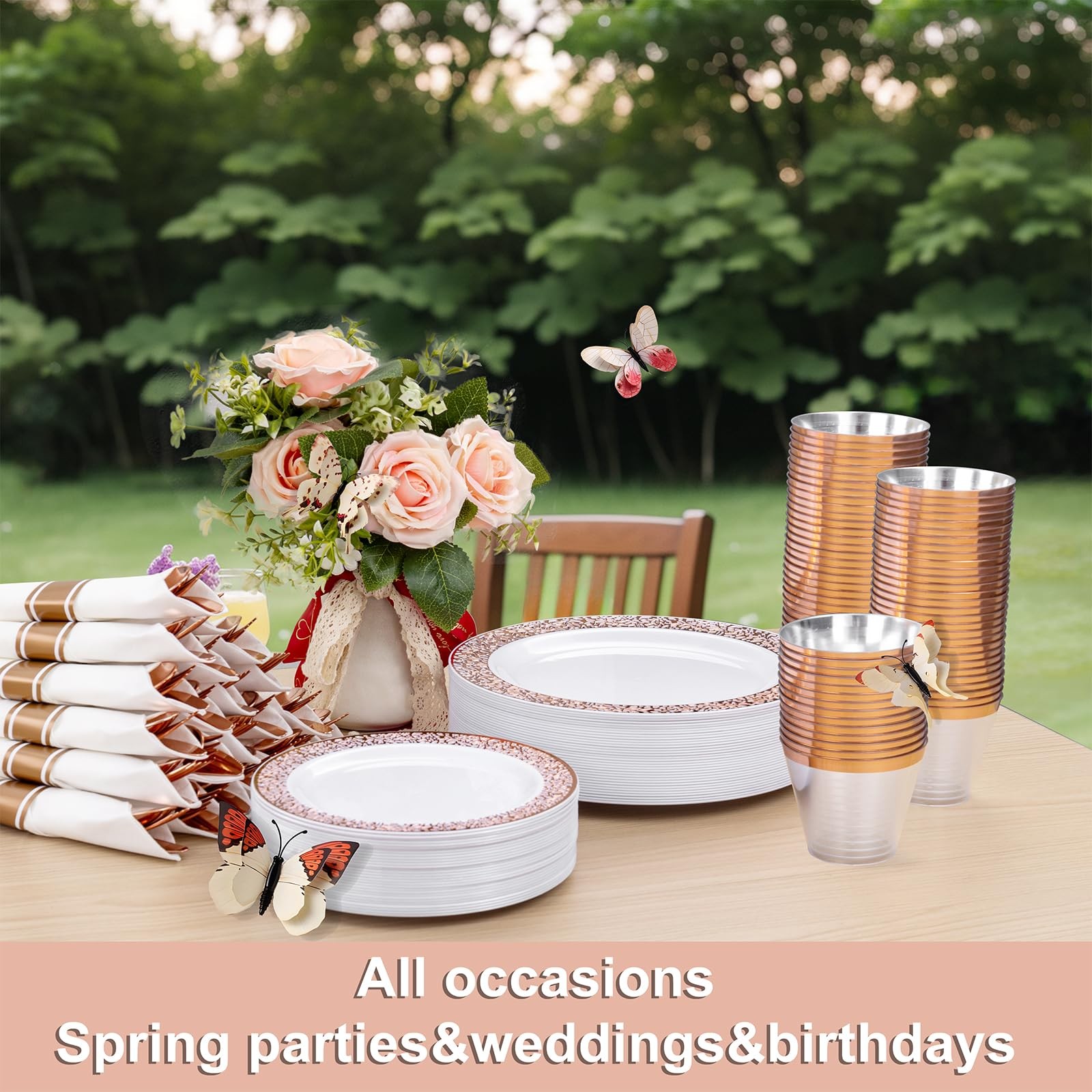 350 PCS Rose Gold Disposable Dinnerware Set for 50 Guests, Disposable Rose Go…