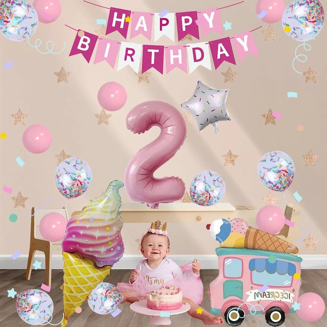 2nd Birthday Decor, Ice Cream Balloons & Cone Hat to Celebrate Your Special Girl